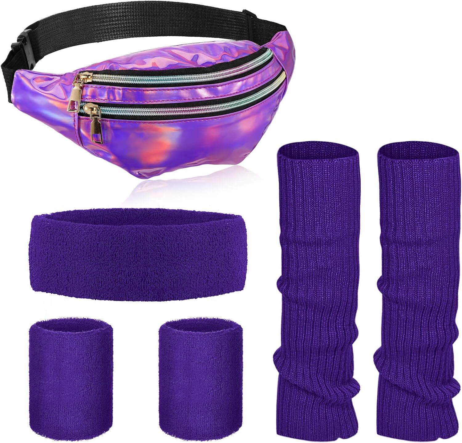 80s Women Neon Leg Warmers Set Holographic Fanny Pack Knit Leg Warmers Headband Wristbands for Yoga Running Hiking