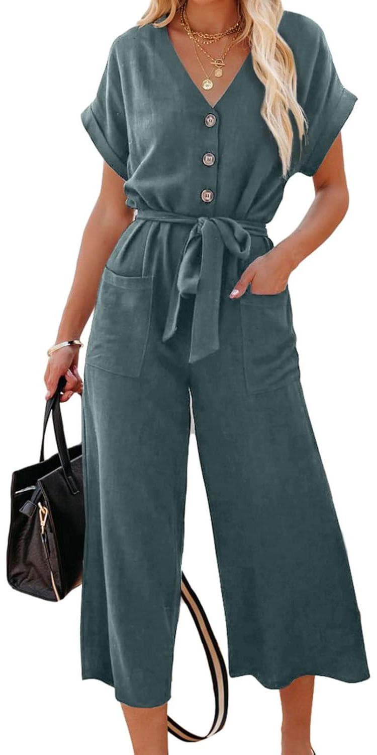Acelitt Women Casual V Neck Short Sleeve Button Belted Wide Leg Jumpsuits,S-XXL