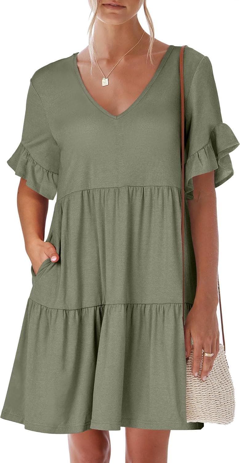 ANRABESS Women’s 2024 Summer Trendy V Neck Ruffle Short Sleeve A Line Tiered Flowy Casual Mini Beach Dress with Pockets