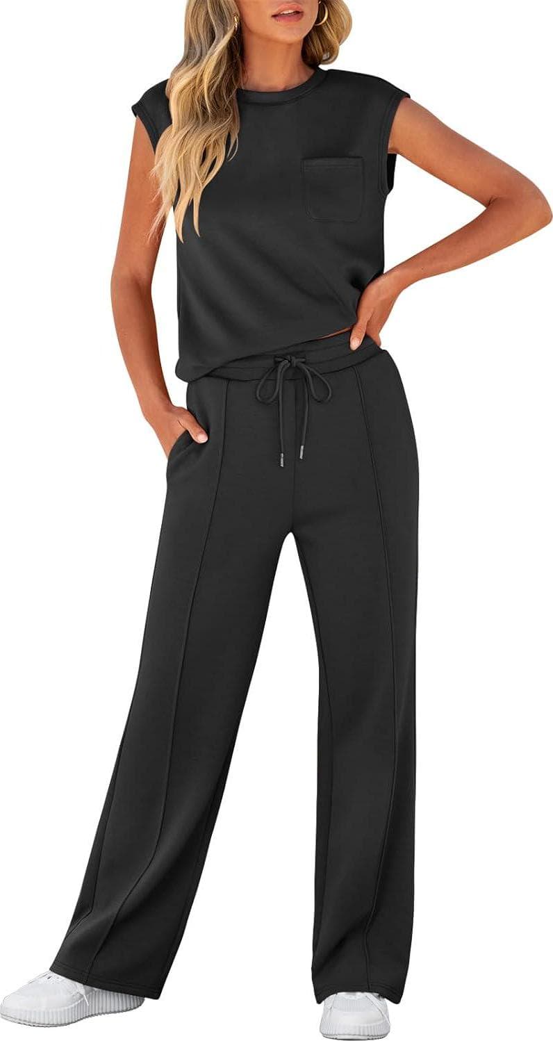 ANRABESS Women’s Summer 2 Piece Outfits Casual Sleeveless Sweatsuits Matching Wide Leg Tracksuits Lounge Sets Fashion Clothes
