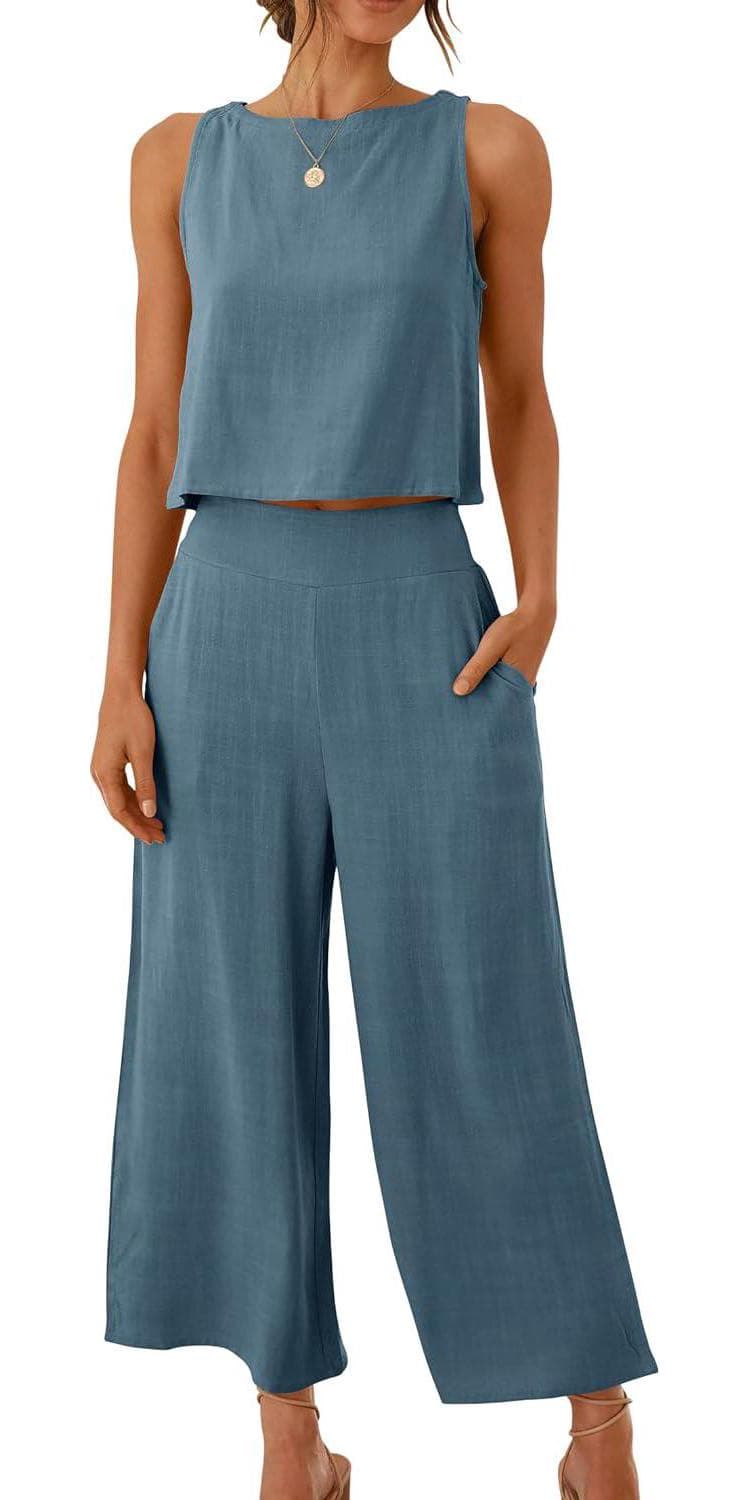 ANRABESS Women’s Summer 2 Piece Outfits Sleeveless Crop Top Capri Wide Leg Pants Jumpsuit Linen Lounge Beach Travel Sets