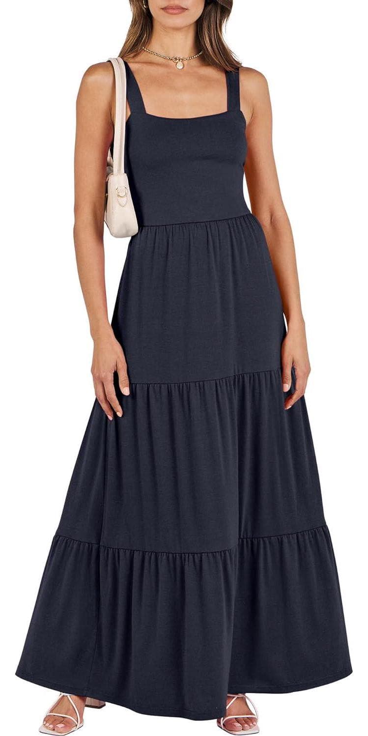 ANRABESS Women’s Summer Casual Long Maxi Beach Vacation Dresses Sleeveless Square Neck Flowy Tiered Sun Dress with Pockets
