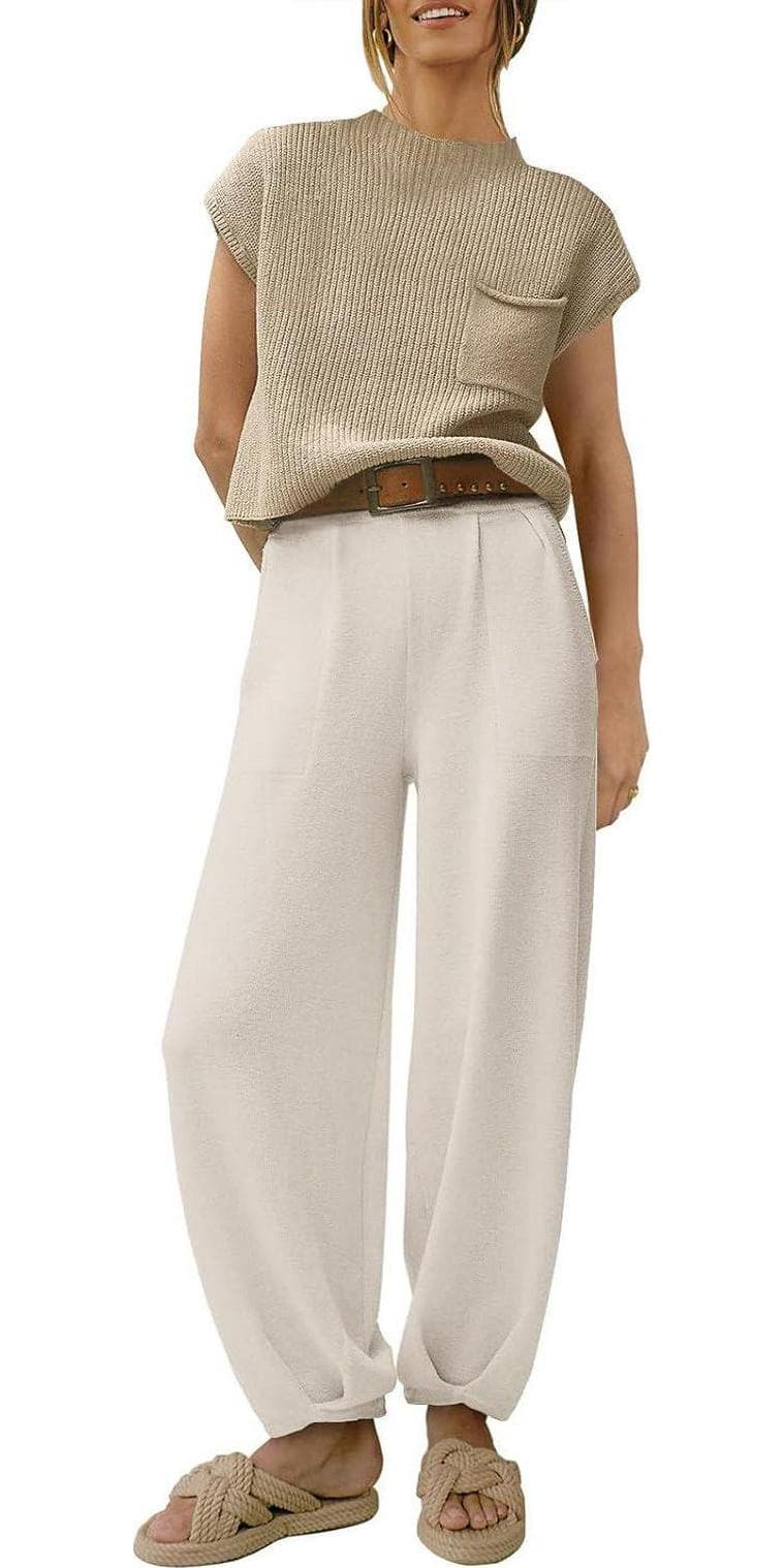ANRABESS Women’s Two Piece Outfits Knit Sweater Pullover Crop Top and Pants Lounge Matching Tracksuit Sweatsuit Sets