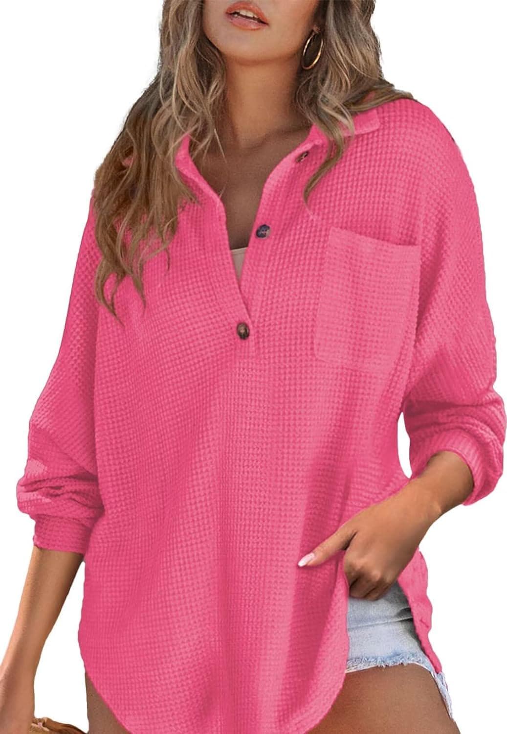 Astylish Women Waffle Knit Top Henley Shirts Long Sleeve V Neck Solid Color Casual Tunics
