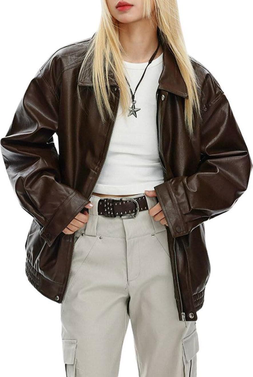 chouyatou Women’s Oversized Faux Leather Bomber Jacket Zip Boyfriend Shacket Motocycle Jacket