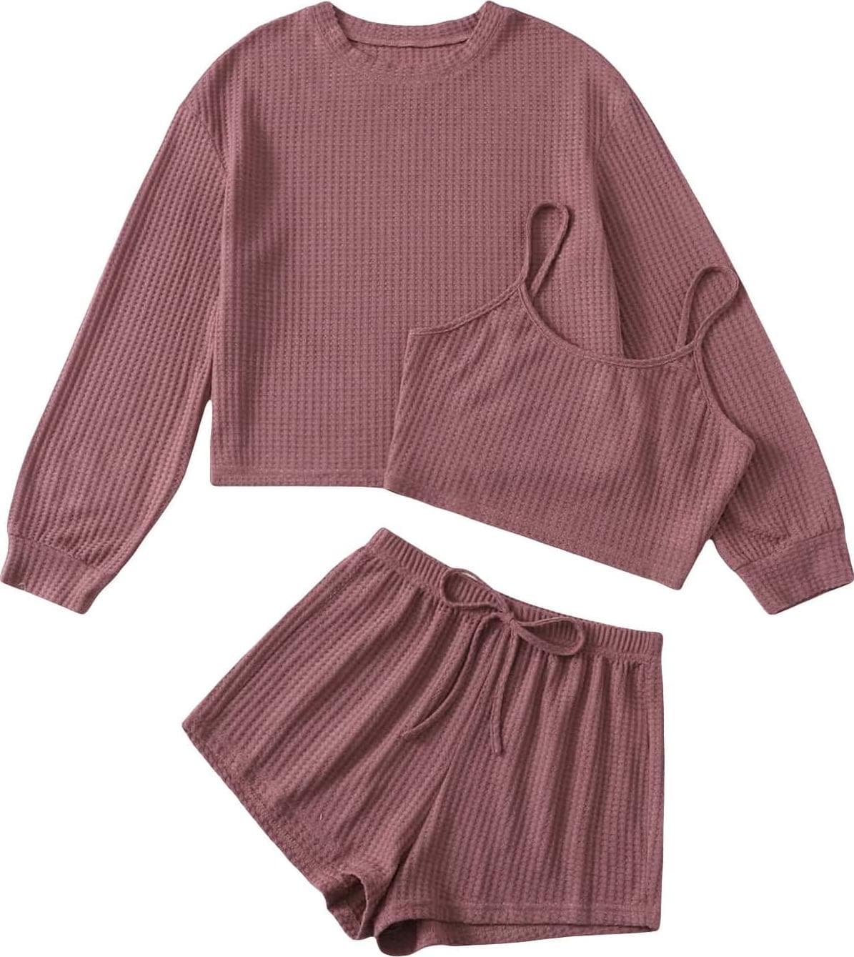 COZYEASE Women’s 3 Piece Lounge Sets Ribbed Knit Cami Top Long Sleeve Tee Shirts and Shorts Pajama Sets