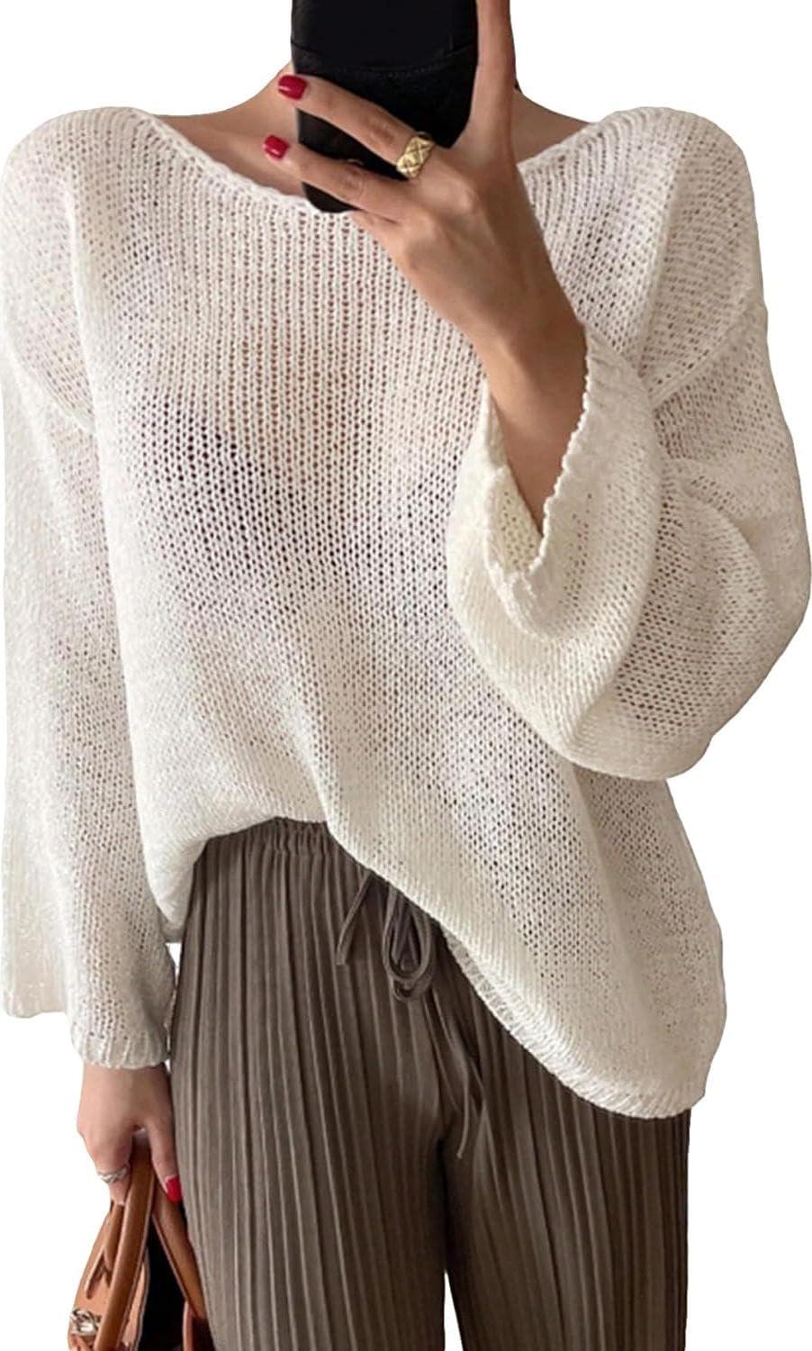COZYEASE Women’s Lightweight Sweater Long Sleeve Sheer Mesh Crewneck Drop Shoulder Pullover Sweater Tops