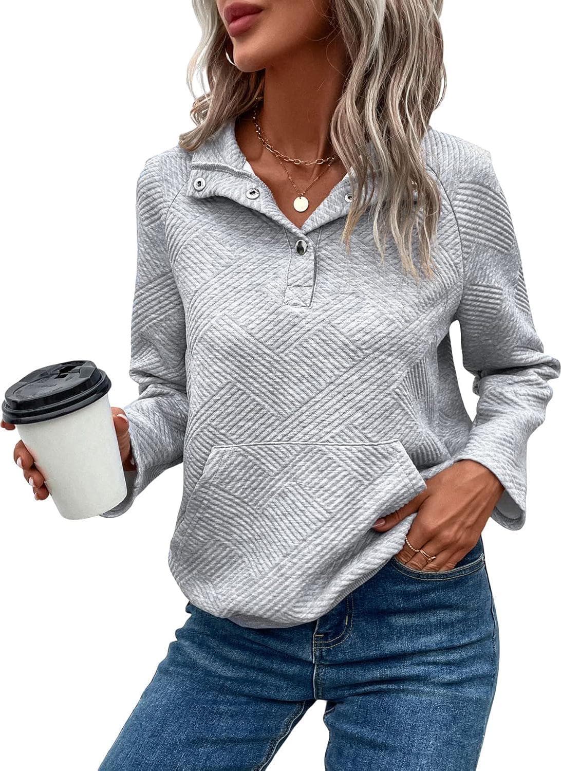 COZYEASE Womens’s Half Button Long Sleeve Fall Sweatshirt Placket Collared Vintage Pullover Tops with Pocket