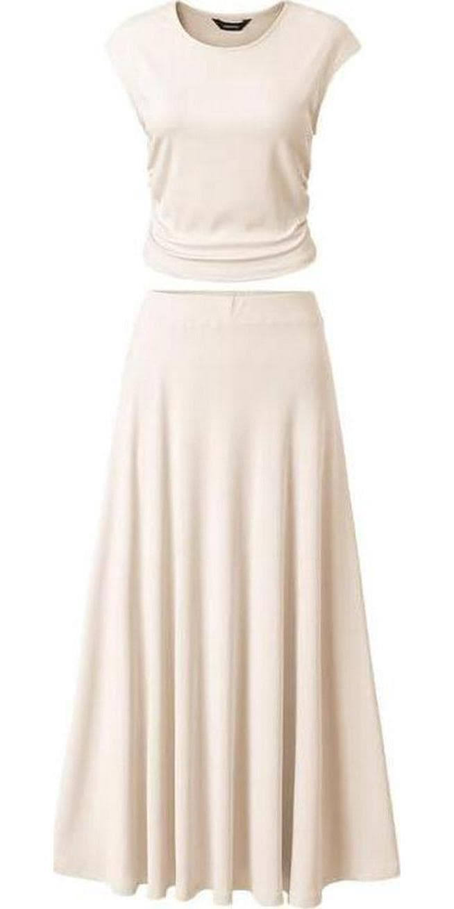 Dokotoo Women’s 2 Piece Summer Outfits Casual Crewneck Short Sleeve Ruched Knit Tops Elastic Waist A-Line Midi Skirt Set