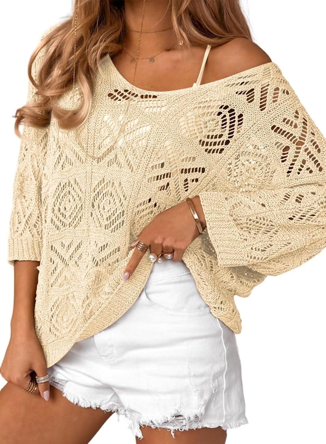 Dokotoo Women’s 2024 Spring Summer Crochet Hollow Out 3/4 Sleeve Pullover Sweater Off Shoulder T-Shirts