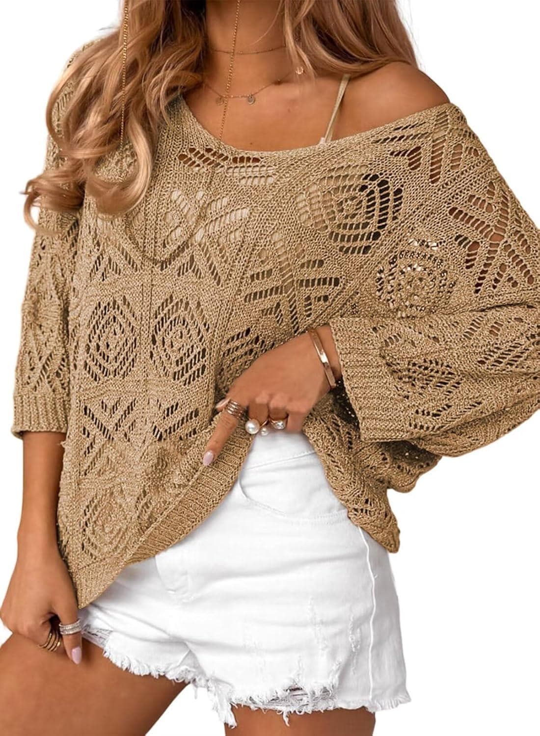 Dokotoo Women’s 2024 Spring Summer Crochet Hollow Out 3/4 Sleeve Pullover Sweater Off Shoulder T-Shirts