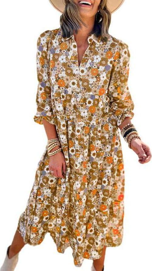 Dokotoo Women’s Casual Loose Bohemian Floral Dresses 2024 Long Puff Sleeve V Neck Ruffle A Line Flowy Summer Beach Dress