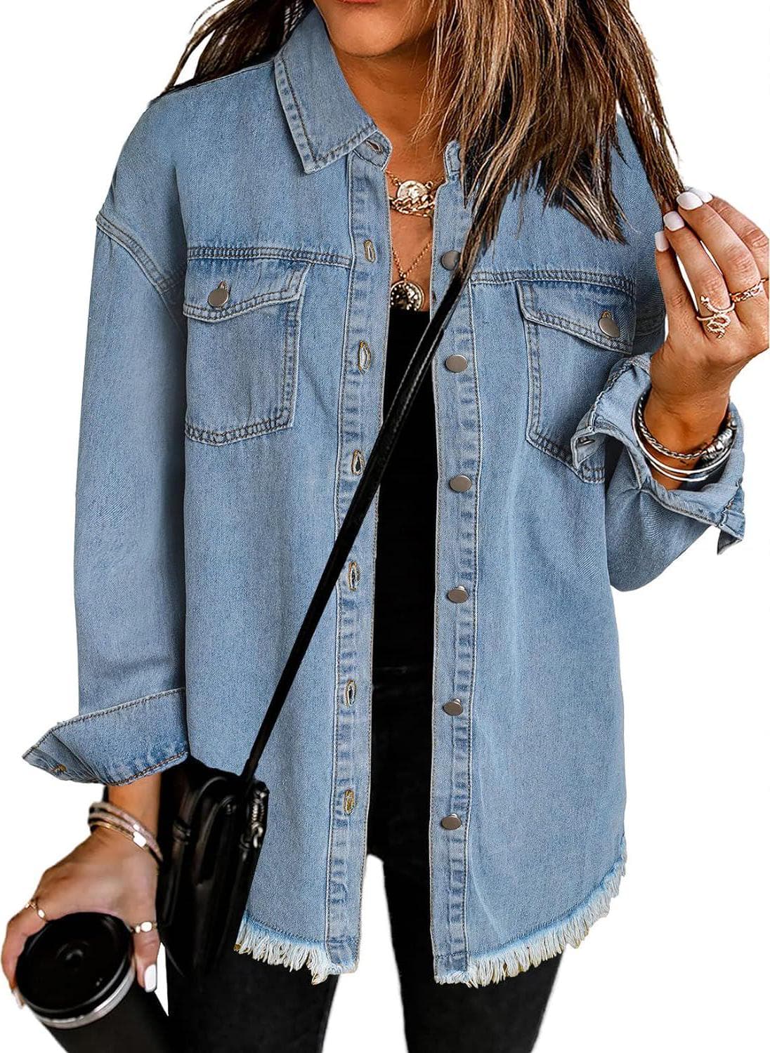 Dokotoo Women’s Oversized Denim Jacket Casual Long Boyfriend Distresse Jean Jacket Autumn Spring