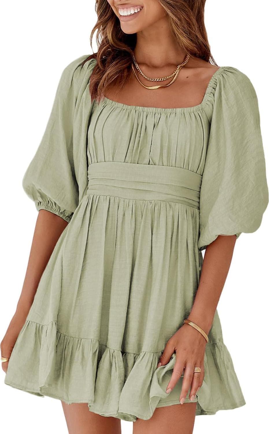 Dokotoo Womens Summer Dresses Square Neck Tie Back Lantern Sleeve Ruffle A-Line Casual Dress