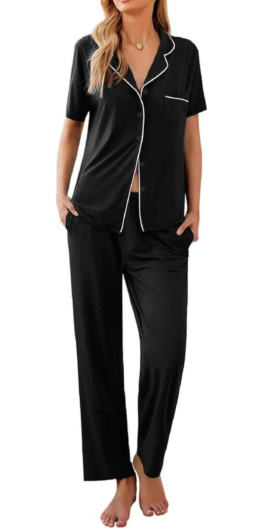 Ekouaer Women Pajamas Set Button Down Sleepwear Short Sleeve Nightwear with Long Pants Soft Pjs Set S-XXL