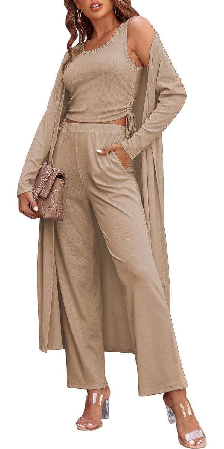 Ekouaer Women’s 3 Piece Knit Lounge Set Pajama Long Sleeve Cardigan Sleeveless Top Pants Sweatsuit S-XXL