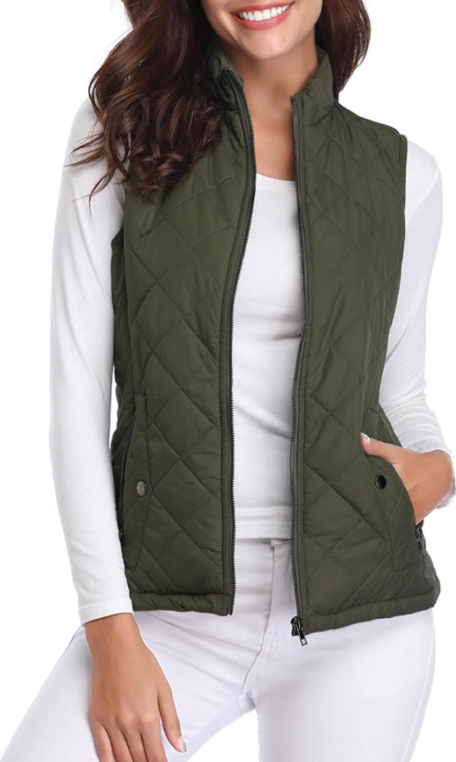 Fuinloth Women’s Quilted Vest, Stand Collar Lightweight Zip Padded Gilet