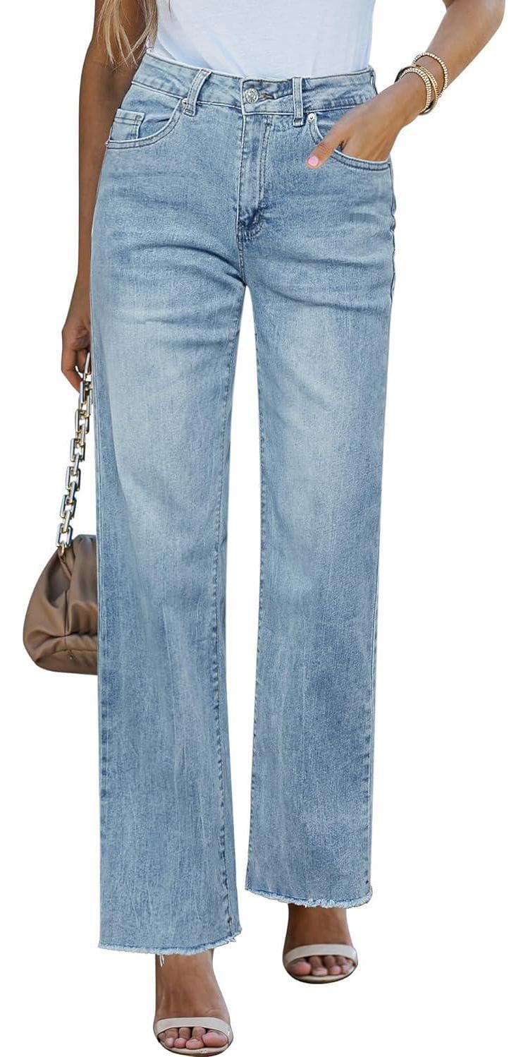 GRAPENT Straight Leg Jeans for Women High Waisted Stretchy Frayed Raw Hem Loose Denim Pants Casual Baggy Jean Trousers