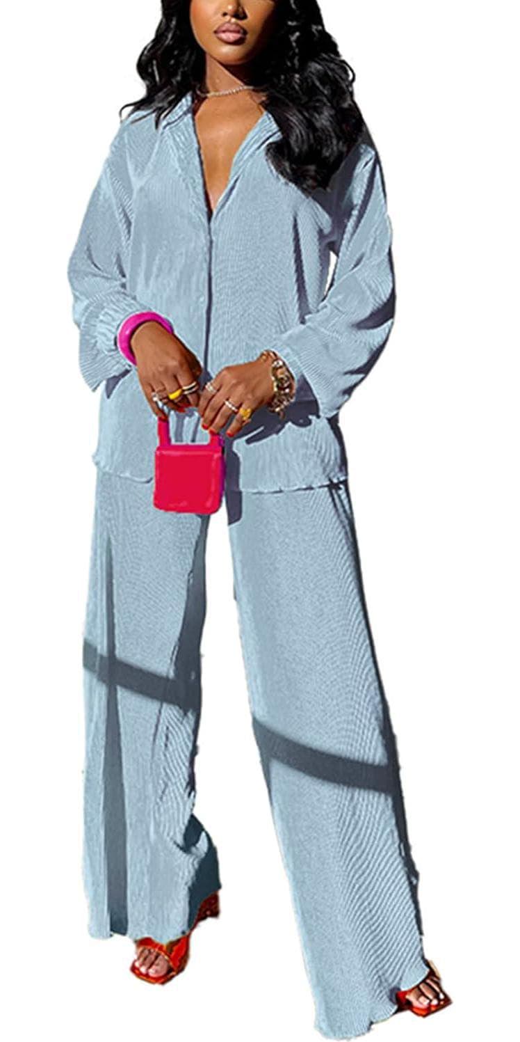 kaimimei Casual 2 Piece Outfit for Women – Linen Long Sleeve Button Down Shirt + Flare Pleated Wide Leg Pants Sets Streetwear