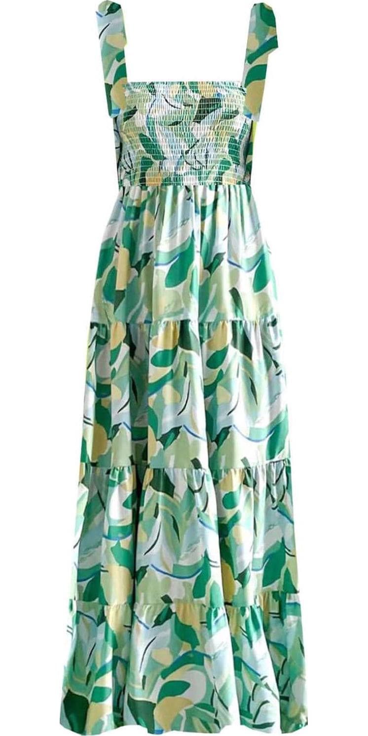 kinstell Women’s Summer Boho Spaghetti Strap Square Neck Ruffle Casual Flowy Long Dress Beach Swing Party Maxi Dress