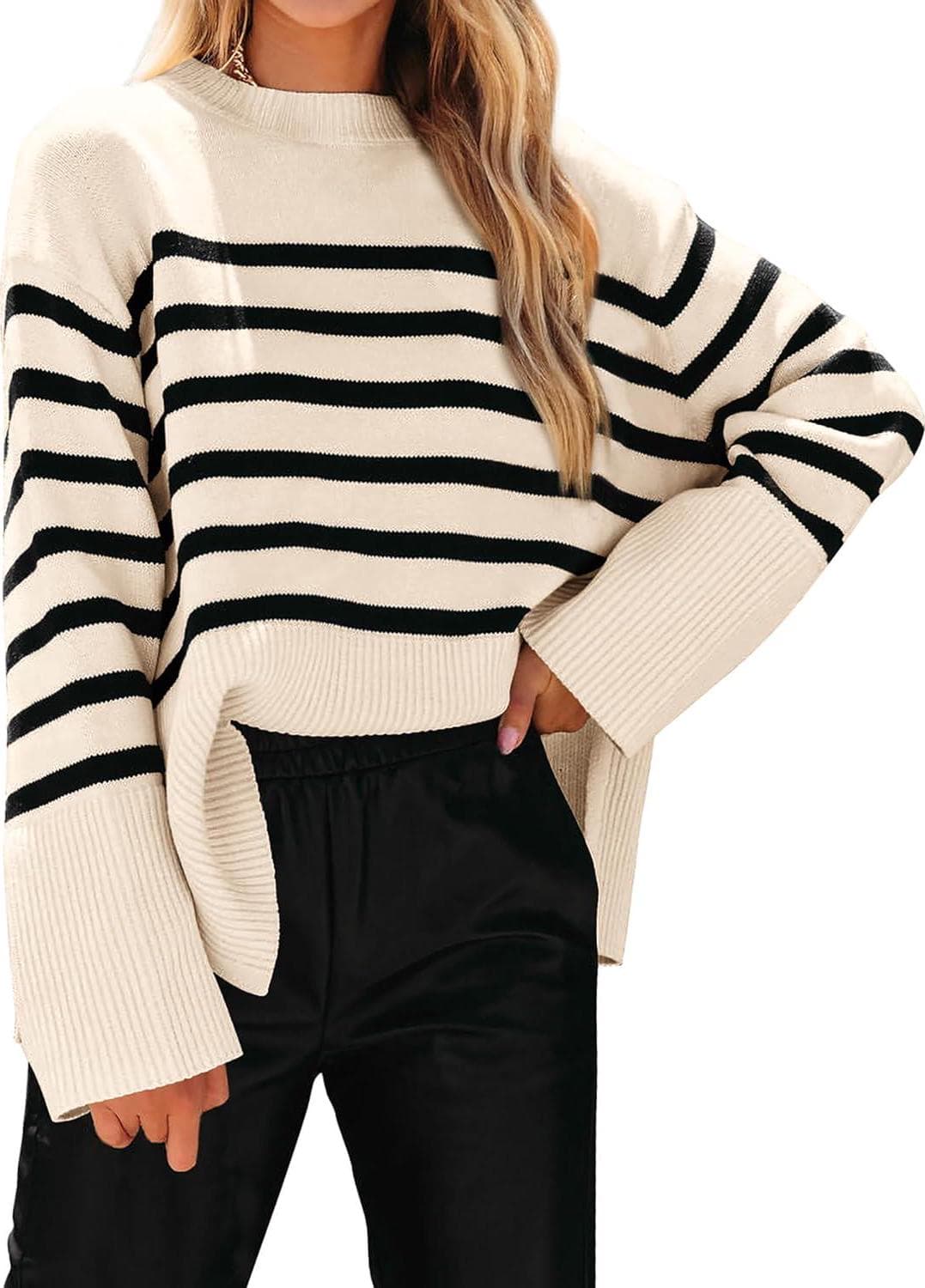 KIRUNDO Women’s 2024 Fall Winter Casual Oversized Long Sleeve Striped Sweater Crew Neck Ribbed Knit Side Slit Pullover