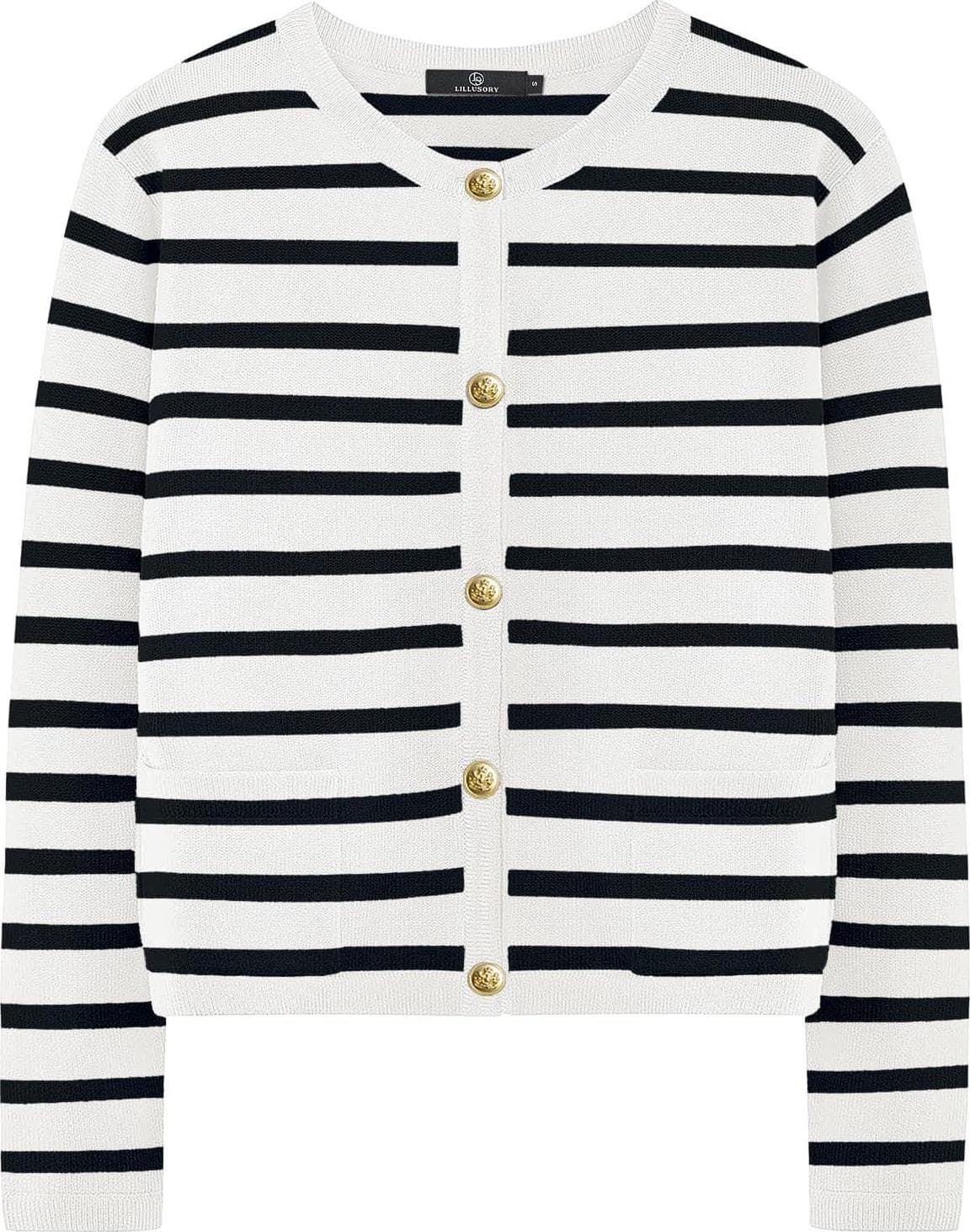 LILLUSORY Women’s Crew Neck Gold Buttons Cardigan Sweaters Lady Jacket with Patch Pockets