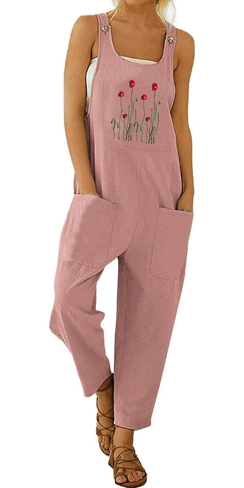 loveimgs Women’s Casual Buttoned Straps Floral Embroidery Lightweight Baggy Bib Overalls Jumpsuit-Pockets