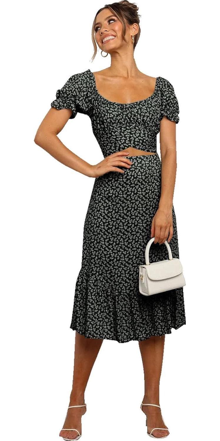 LYANER Women’s 2 Piece Outfits Floral Self Tie Knot Crop Top and Midi Skirt Set