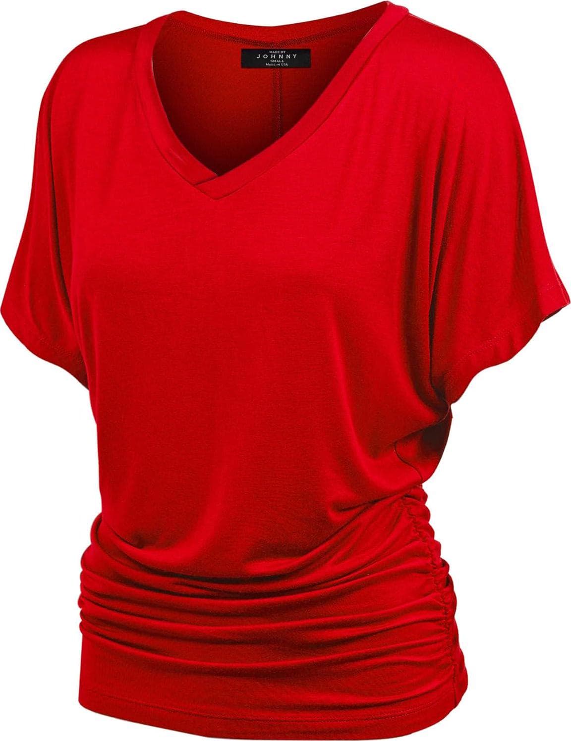 Made By Johnny Women’s Solid Short Sleeve Boat Neck V Neck Dolman Top with Side Shirring-Made in U.S.A.