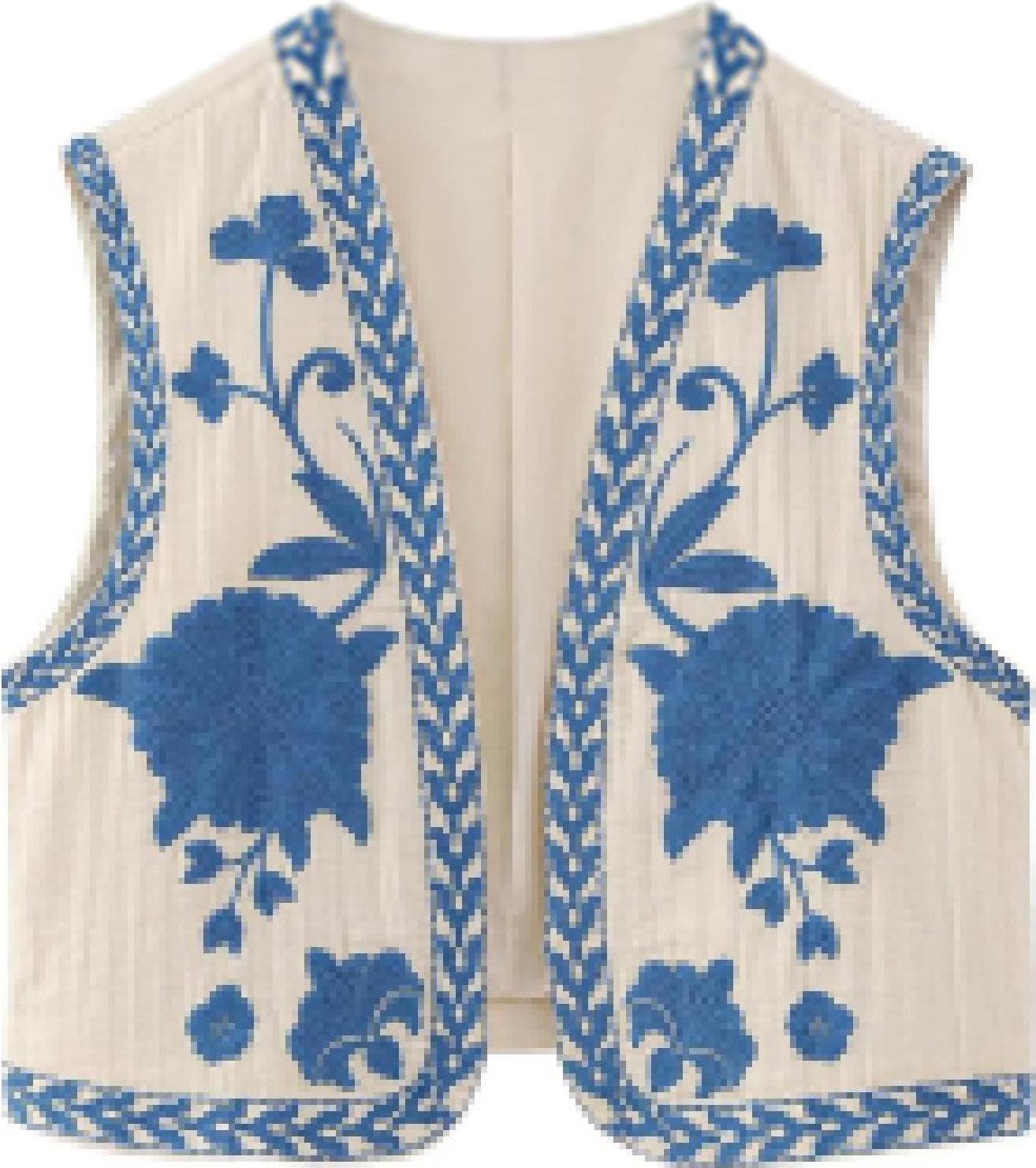 Meihuida Women Embroidered Vest Top Y2k Vintage Open Front Floral Boho Cropped Waistcoat