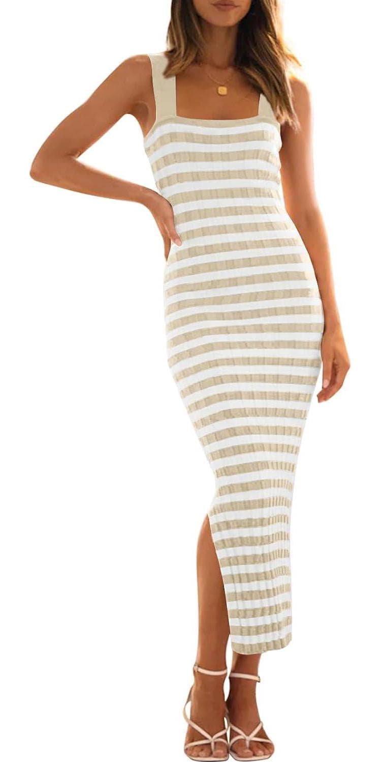 MEROKEETY Women’s 2024 Summer Striped Knit Bodycon Midi Dress Square Neck Side Slit Tank Ribbed Sweater Dresses