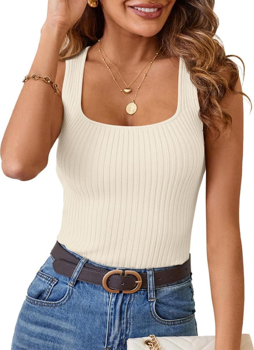 MEROKEETY Women’s Ribbed Tank Tops Knit Square Neck Sleeveless Shirts Summer Casual Basic Tanks