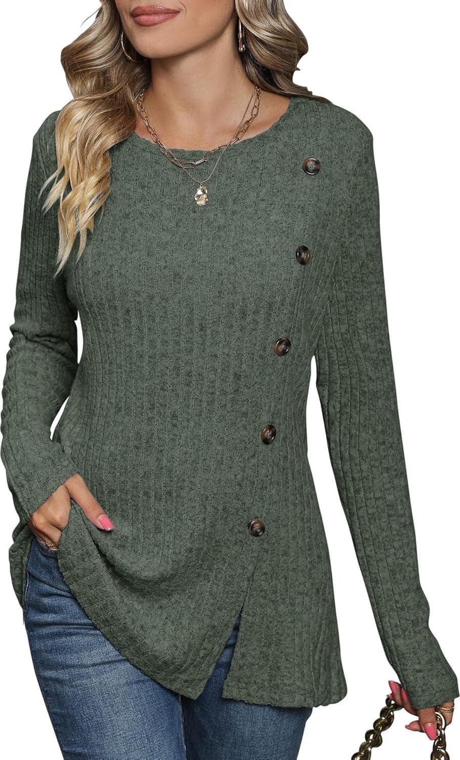 Micoson Women’s Casual Crewneck Long Sleeve Tops Fashion Side Split Tunic Dressy Buttons Sweatshirts S-2XL