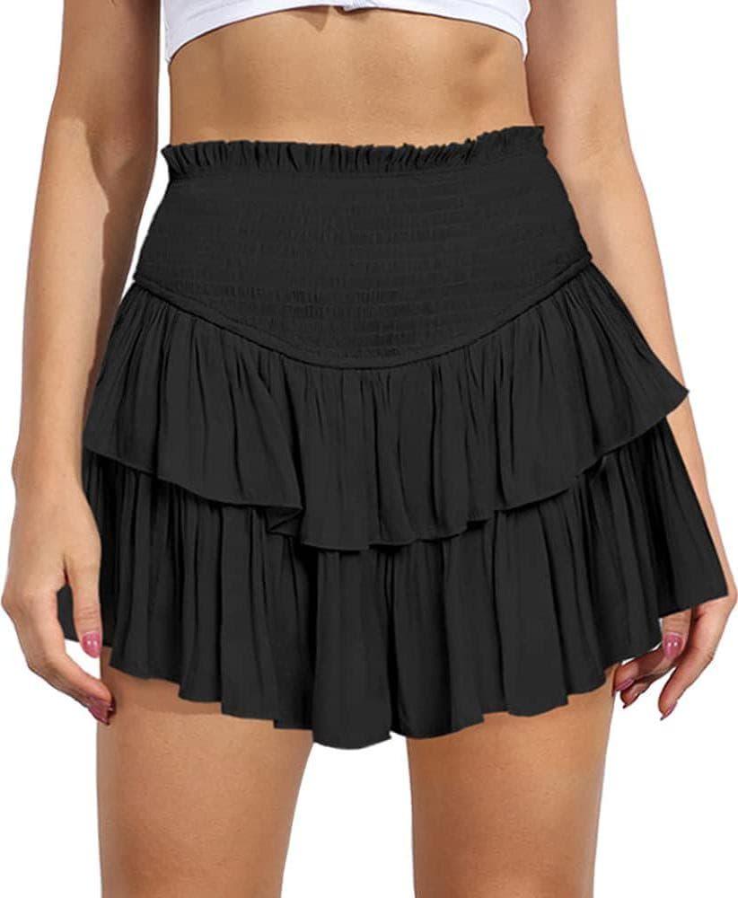 MiiVoo Women’s High Waist Ruffle flowy Mini Skirts Stretchy Waist Solid Lined Layered Pleated Casual Beach Short Skirt