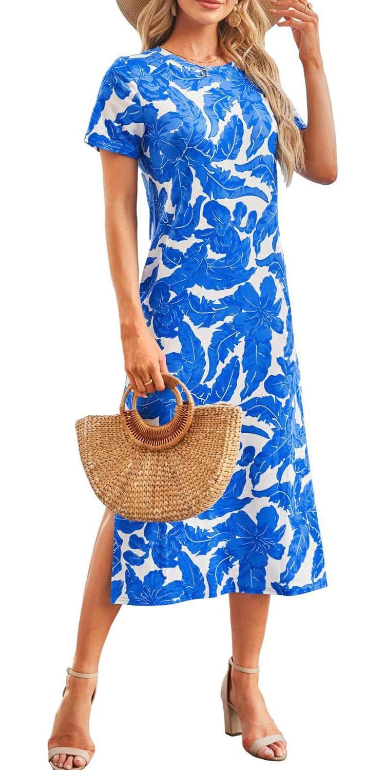 Naggoo Women’s Short Sleeve Split Maxi Dress Casual Plain Tie Dye Print Tshirt Long Dresses with Pockets