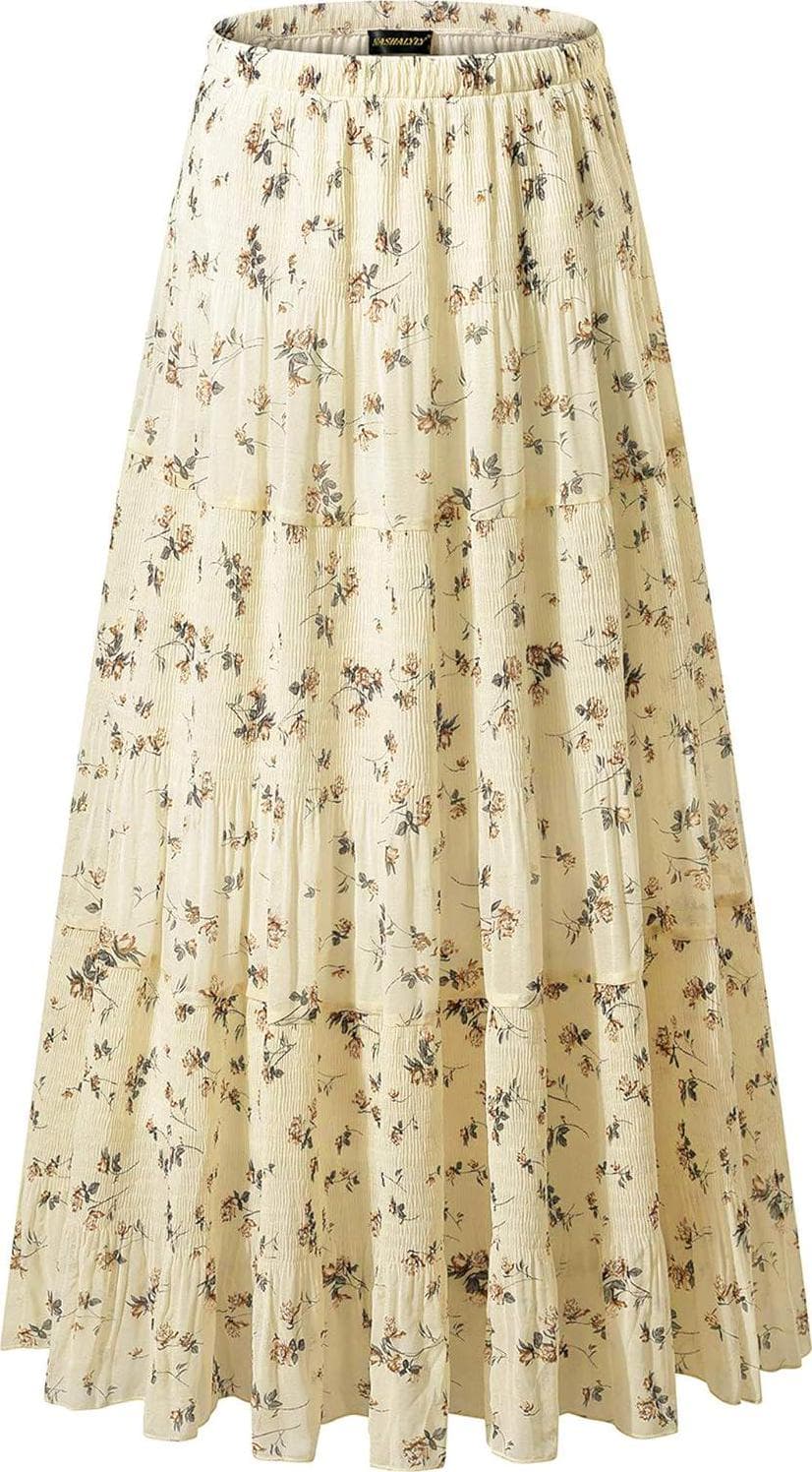 NASHALYLY Women’s Chiffon Elastic High Waist Pleated A-Line Flared Maxi Skirts