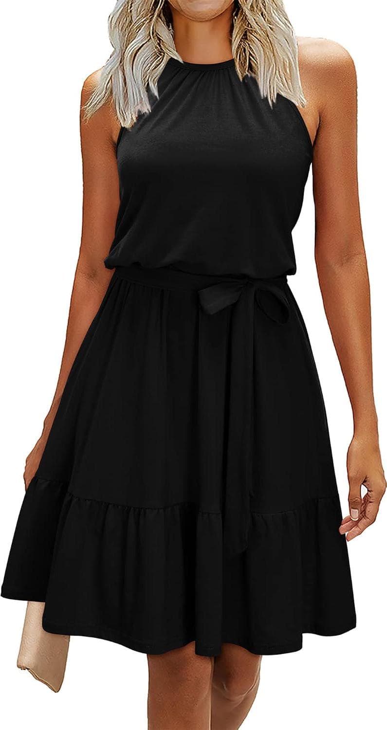 Newshows Women’s 2024 Summer Dress Halter Casual Beach Vacation Outfits Hawaiian Dresses Ruffle Belted Sundress with Pockets