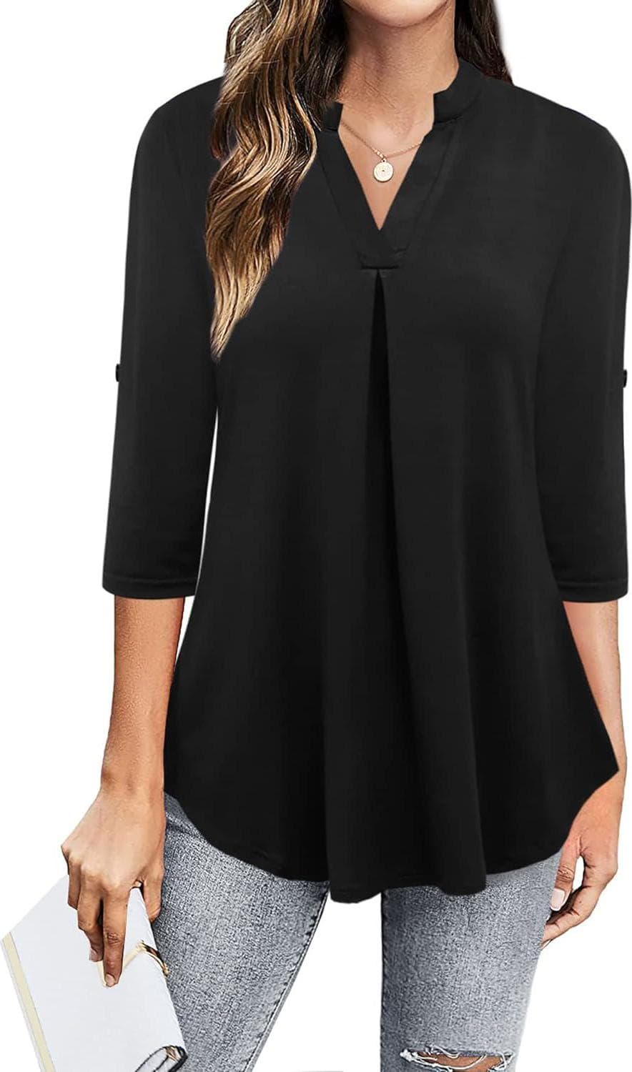 Ninedaily Womens Tops Dressy Casual 3/4 Sleeve V Neck Chiffon Shirt Work Blouses