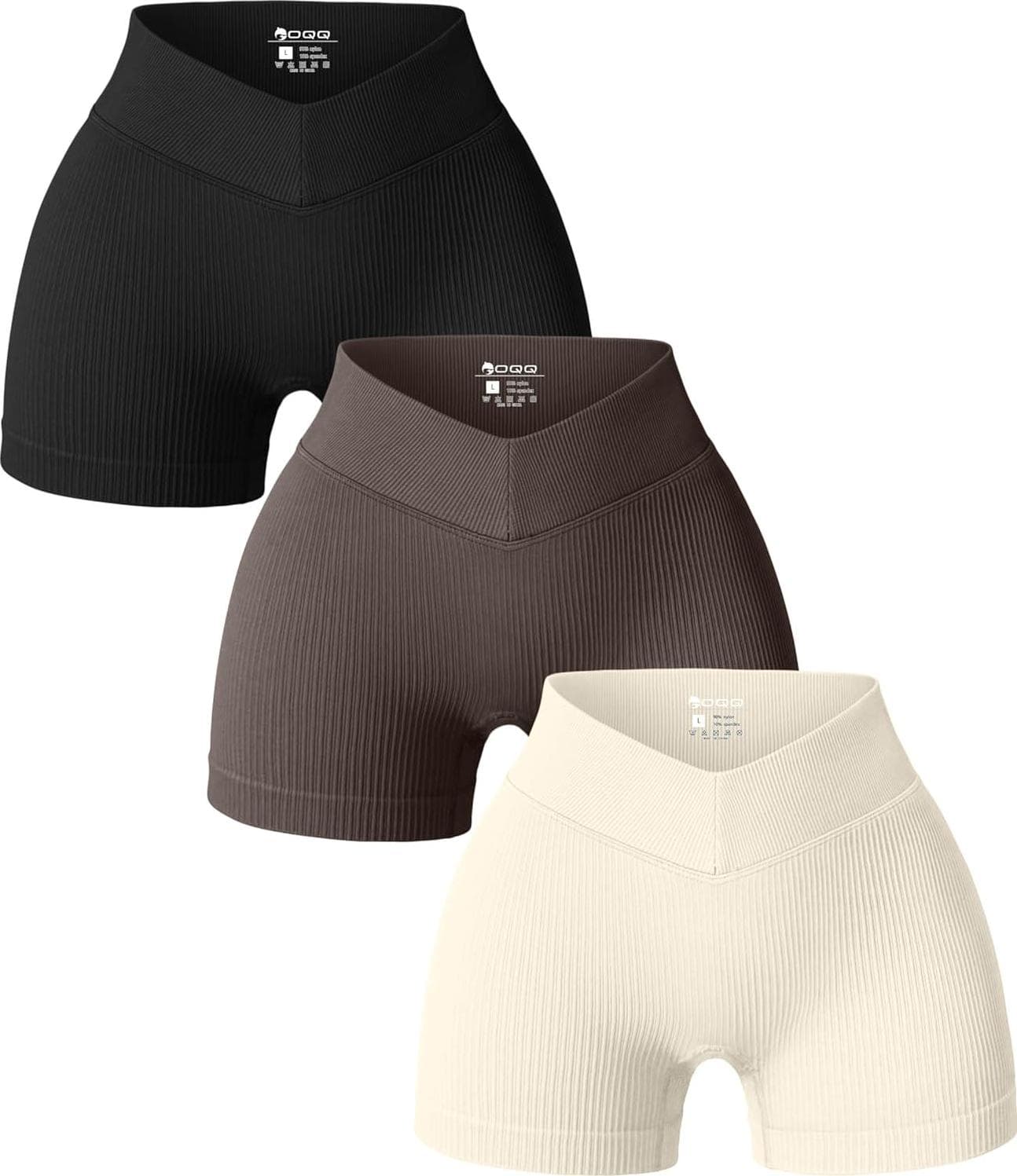 OQQ Women 3 Piece Yoga Shorts Ribbed V Shaped High Waist Workout Exercise Shorts Leggings