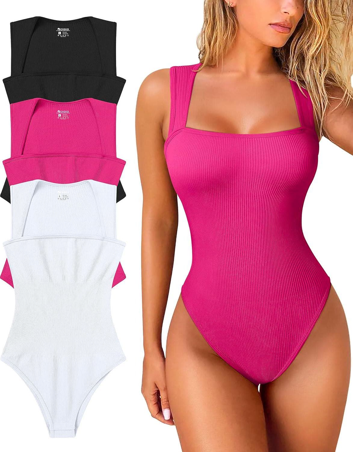 OQQ Women’s 3 Piece Bodysuits Sexy Ribbed Strappy Square Neck Sleeveless Tummy Control Tank Tops Bodysuits