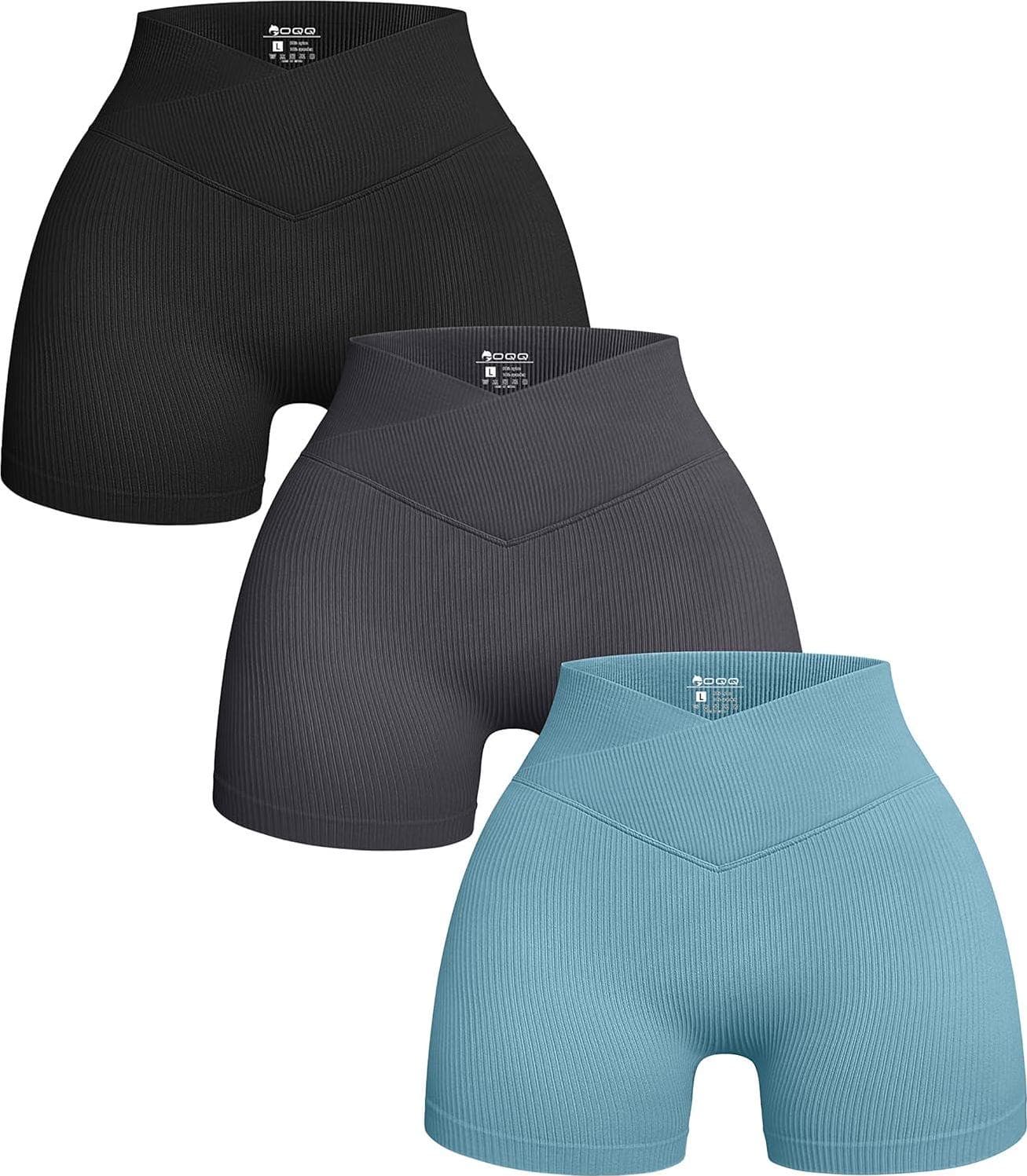 OQQ Women’s 3 Piece Yoga Shorts Ribbed Seamless Workout High Waist Cross Over Athletic Leggings