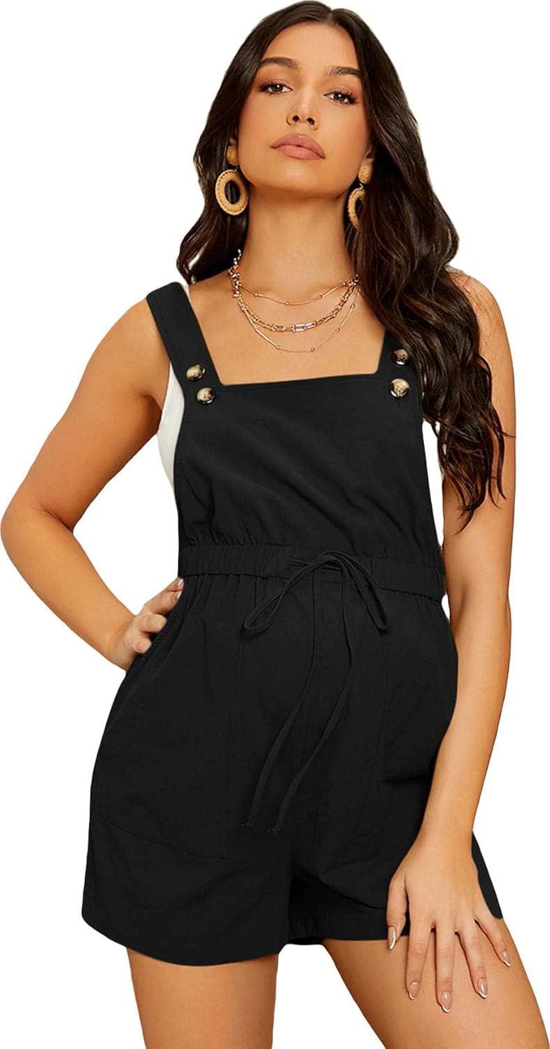 OYOANGLE Women’s Maternity Button Sleeveless Drawstring High Waist Short Overall Casual Romper with Pocket