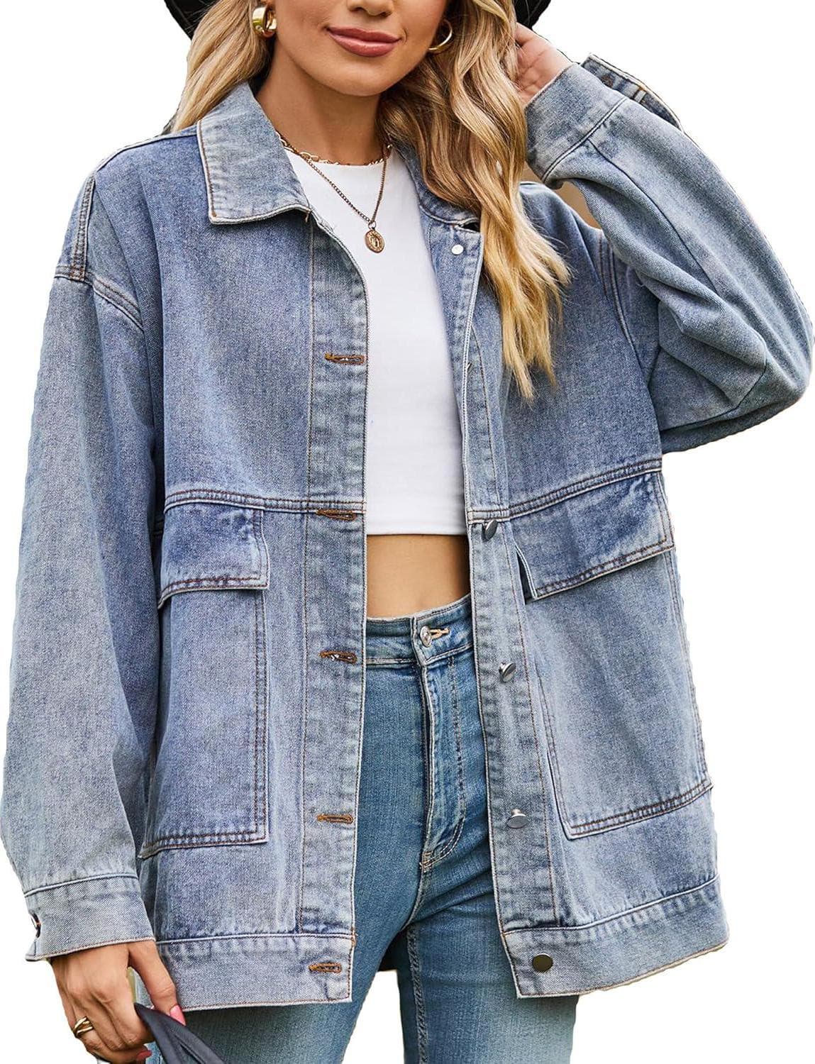 PAODIKUAI Women’s Oversized Denim Jacket Casual Long Sleeve Vintage Jean Jacket Top Coat with Pockets