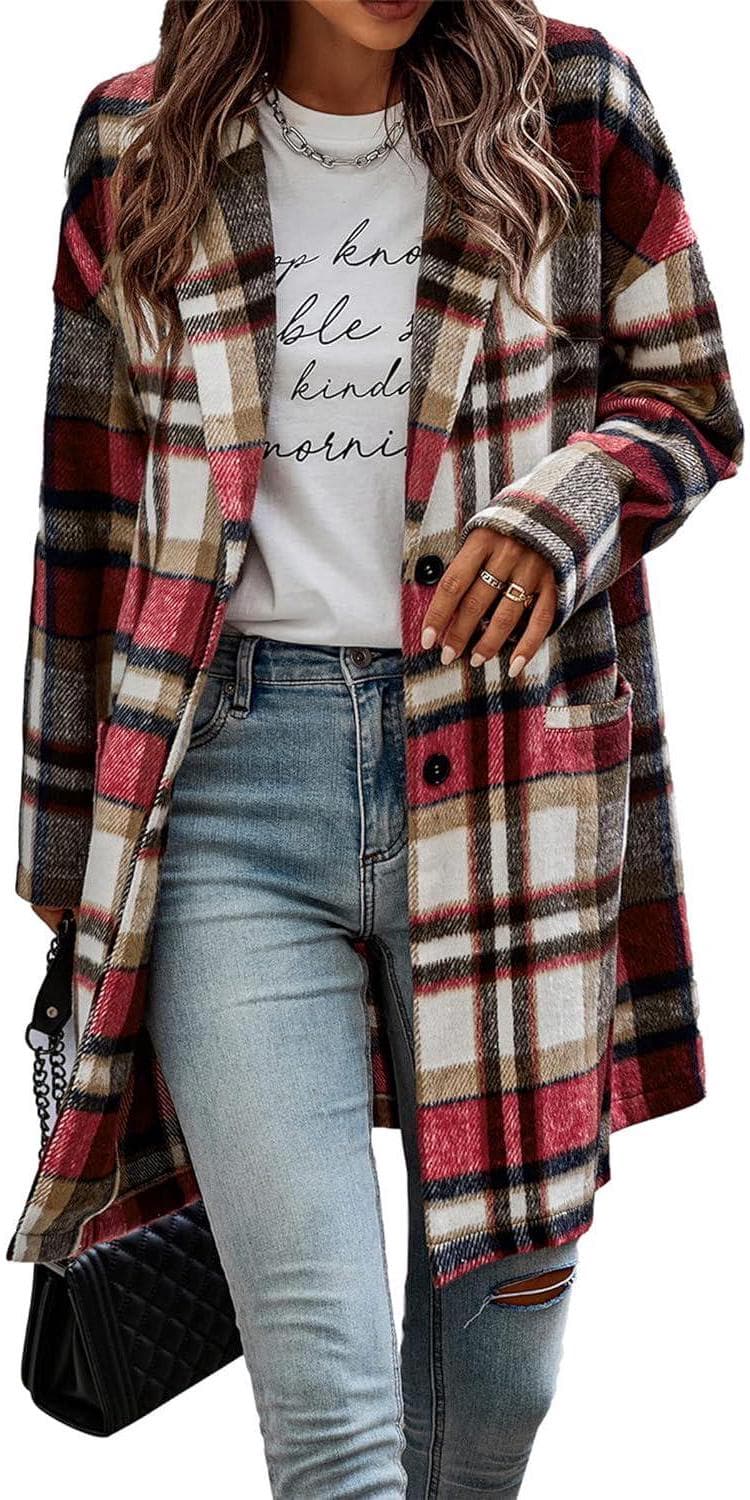 PRETTYGARDEN Women’s 2024 Plaid Shacket Jacket Casual Button Wool Blend Winter Tartan Trench Coat With Pockets
