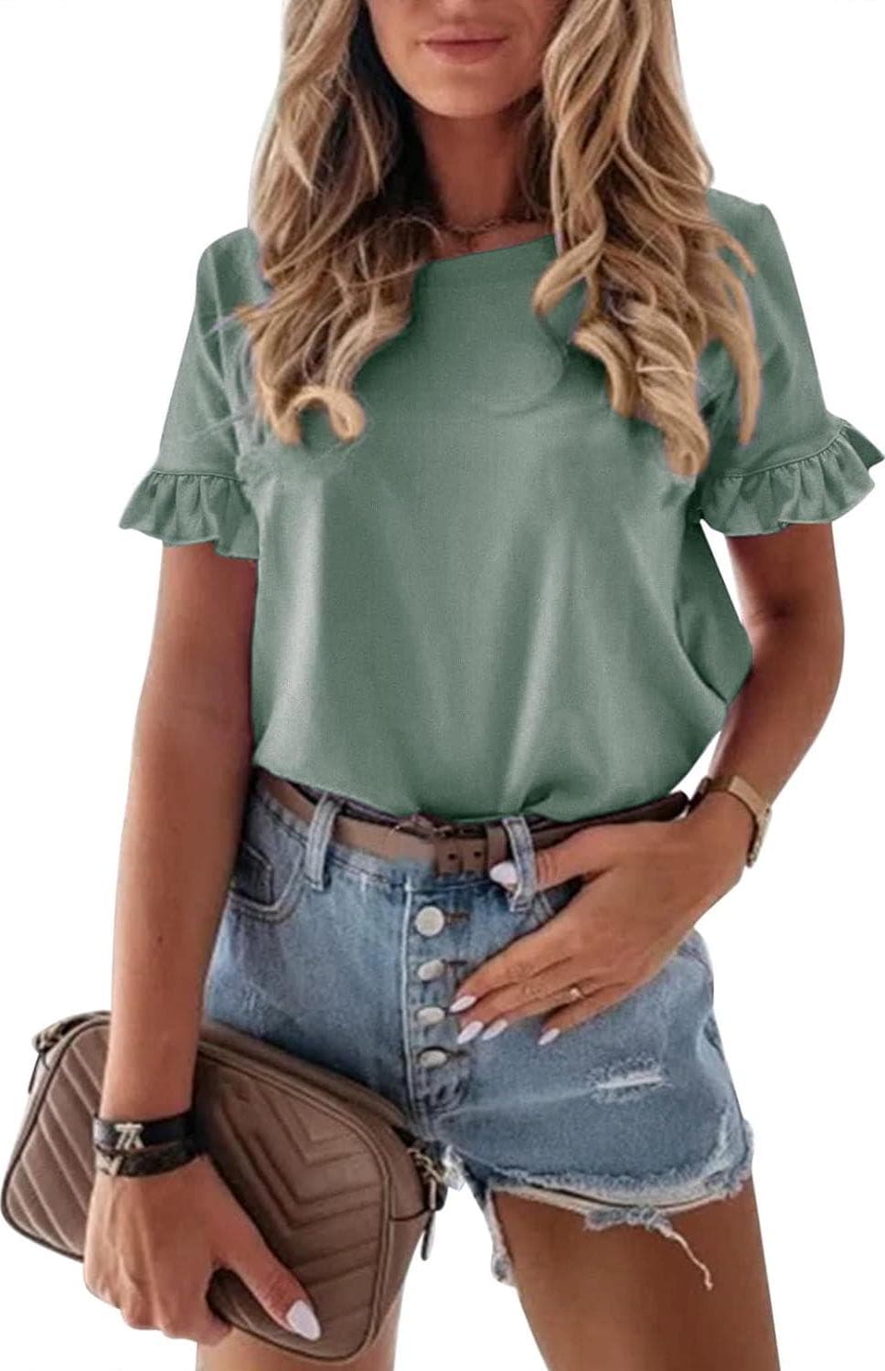 PRETTYGARDEN Womens Plain Round Neck Cute Ruffle Short Sleeve Top
