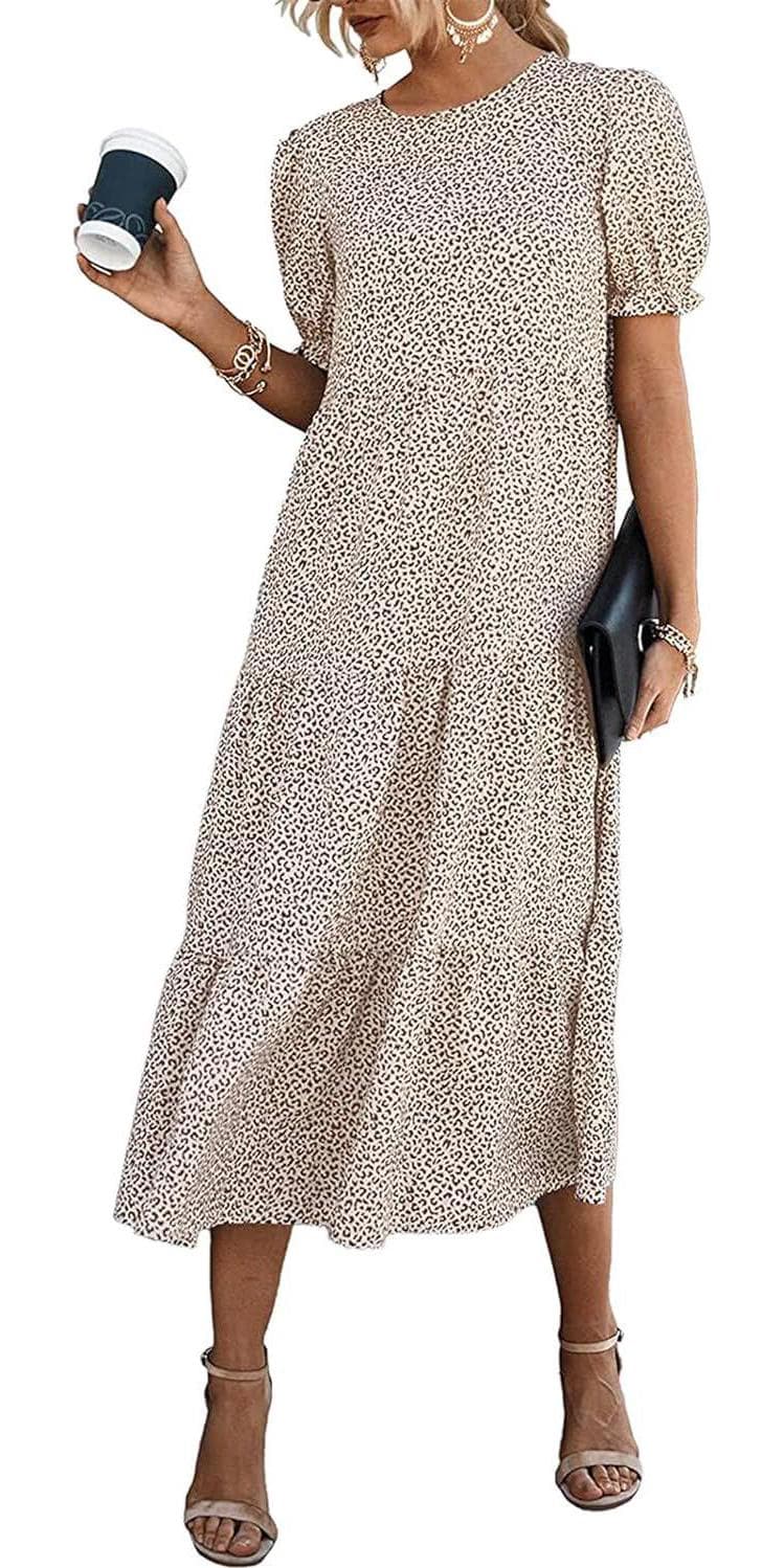 PRETTYGARDEN Women’s Summer Casual Boho Dress Floral Ruffle Puff Sleeve High Waist Midi Beach Dresses