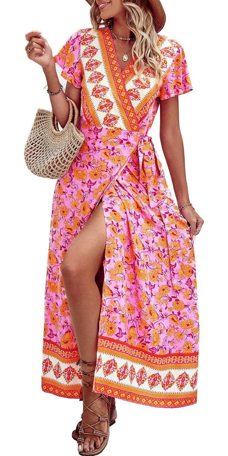 PRETTYGARDEN Womens Wrap V Neck Summer Floral Split Casual Maxi Dresses