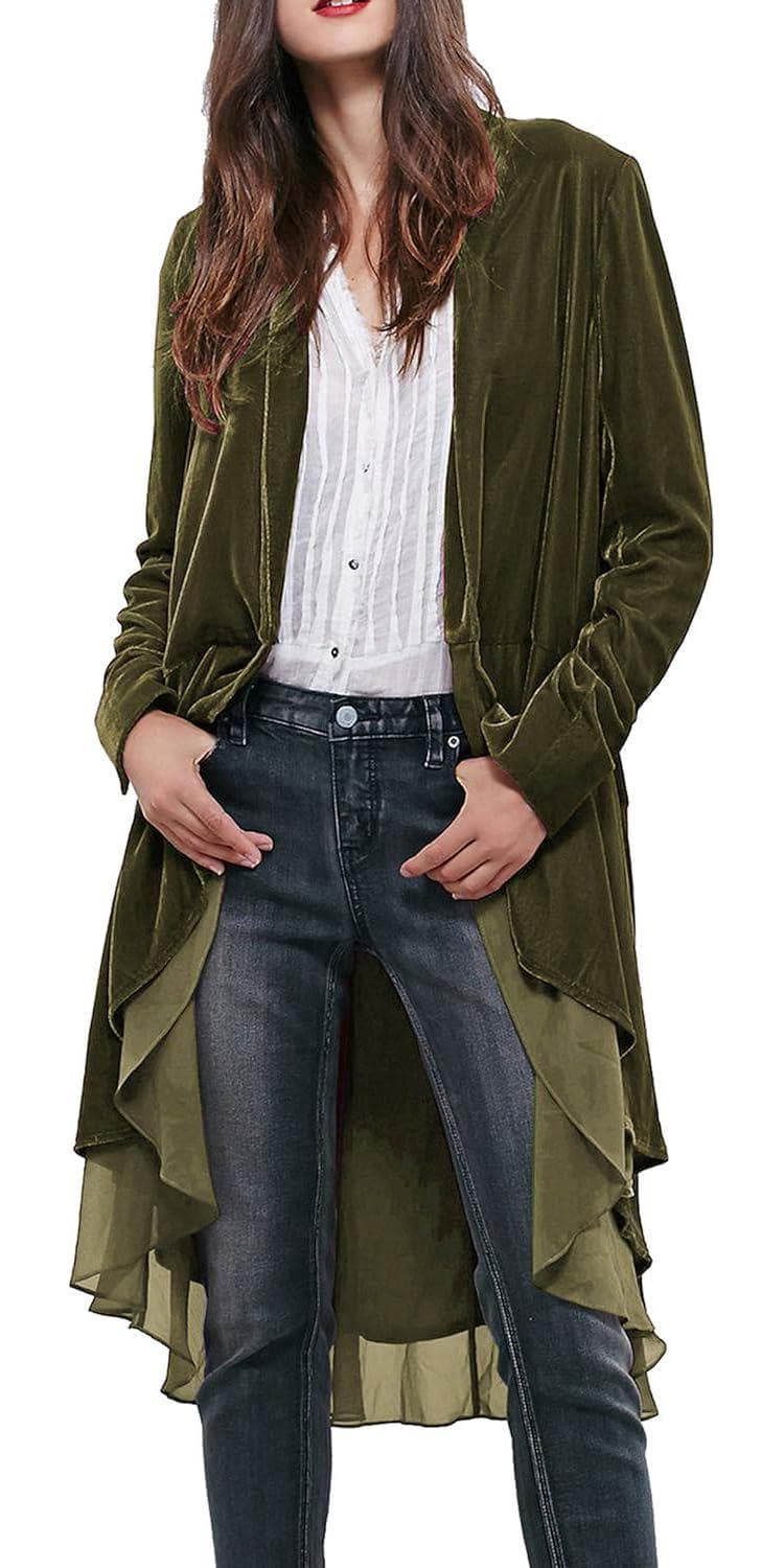 R.Vivimos Womens Ruffled Asymmetric Long Velvet Blazers Coat Casual Jackets
