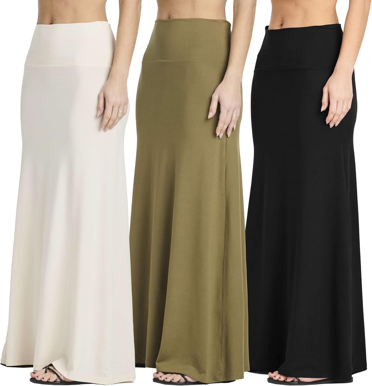 Real Essentials 3 Pack: Women’s Ultra-Soft Flowy Maxi High Waisted Long Skirts (Available in Plus Size)