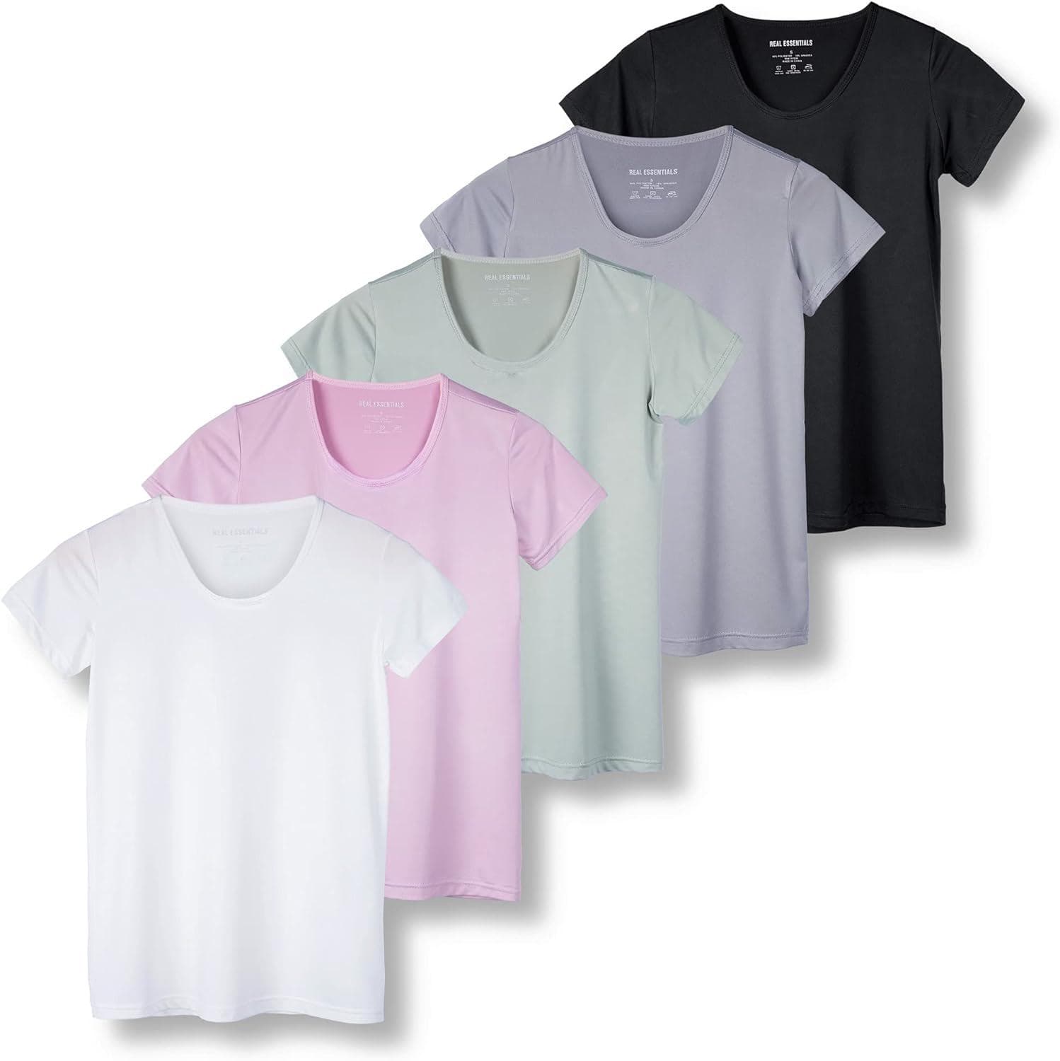Real Essentials 5 Pack: Women’s Dry Fit Tech Stretch Short-Sleeve Crew Neck Athletic T-Shirt (Available in Plus Size)